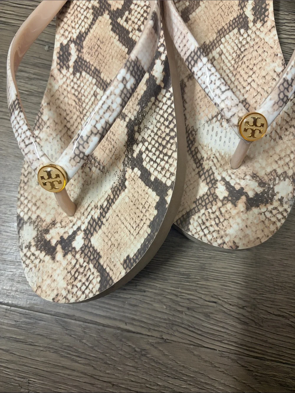 Tory Burch Neutral Snake-Print Logo Flip Flop Sandals